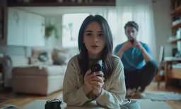 a young woman with a camera on a table