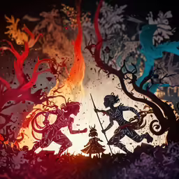 three silhouettes of knights in flames with trees