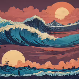 some colorful waves in the water with a red sky,a large wave crashes on top of a sunset
