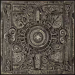 the square design with the symbols on it,an abstract drawing in black ink