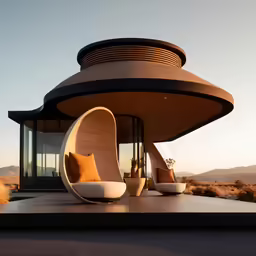 a house with curved walls surrounded by desert scenery