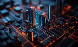 a city with many skyscrapers and streets all lit up in neon colors