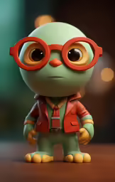 a little monster with big red glasses, jacket and red shirt