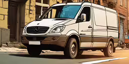 a drawing of a white van on the street,the picture of a big white mercedes benz van on the street