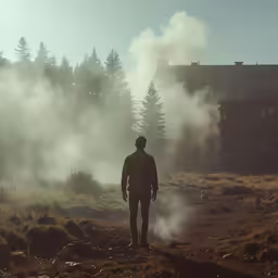 a person standing on a dirt road in a field with smoke