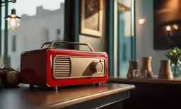 an older looking radio is sitting on top of a wooden table