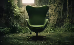 an egg chair with a bright window in the back