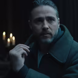 a man in a coat sitting and staring ahead
