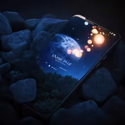 a dark cell phone on rocks with a full moon visible