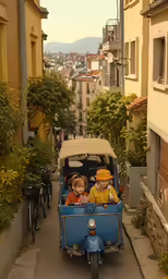 a small van is on the street with two stuffed animals