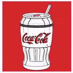 a soda cola can has a straw in it,an old coca cola can is on a red background,a drawing of a soda can with a straw in it,a cup with a straw in it on top of red background,a drawing of a soft drink, by artist peter vandy