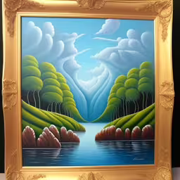 a painting of a picture with the image of a beautiful lake,an artist