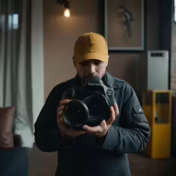 a man is holding a camera in front of his face