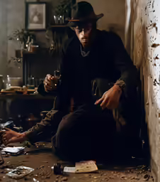 an image of a man wearing a hat sitting on the floor