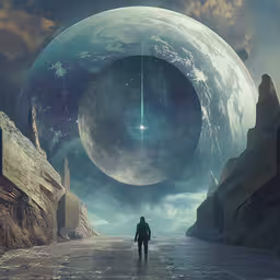 a man walking down a road towards an alien shaped ring,a man standing in the middle of an alien landscape