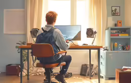 a man sitting at a desk in front of a computer monitor