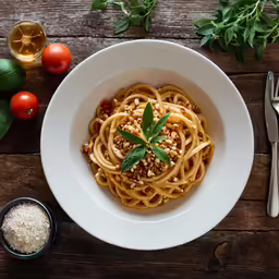 a white bowl of spaghetti with a leaf on top and some parmesan sprigs in the center