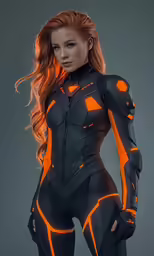 an orange haired woman in black catsuits is posing