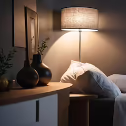 a lamp, vases and pillows sit on a table