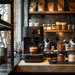 a coffee maker on a counter in a cafe,a coffee machine with a glass filled with liquid