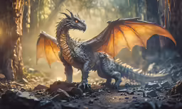 an artistic painting of a dragon and its offspring in the woods