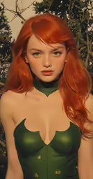 a young lady wearing green leather is standing in front of trees