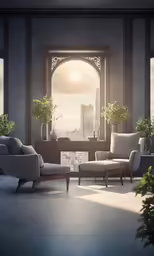 a large room with several couches, lamps and windows overlooking city