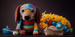 there is a stuffed dog with a sweater