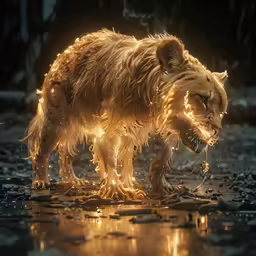 a big furry brown lion standing in the water