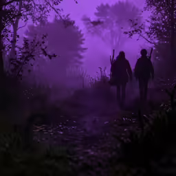 a couple of people with guns walking through a purple fog