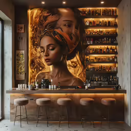 a portrait in front of a bar with many bottles on it