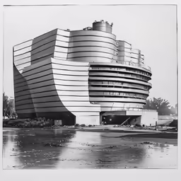 the curved architecture of a building is seen in this photo