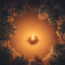a burning candle surrounded by flowers, trees and clouds