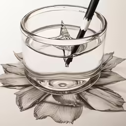 a glass that has a pen and a flower inside it