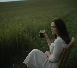 a woman sitting in an empty chair holding a glass