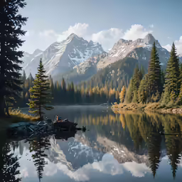 a mountain lake surrounded by pine trees with clouds