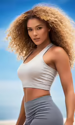 a woman is posing with her hands on her hips