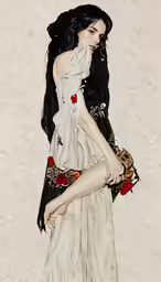 the girl is holding a brown purse near sand