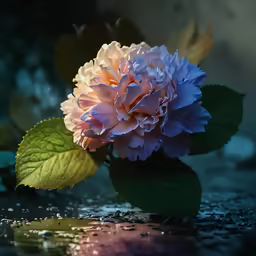 a beautiful pink and blue flower with leaves