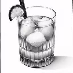 a drawing of a glass of ice with lemon and a soda