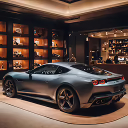the silver car is on display in the shop