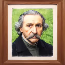 a portrait of an older man with a grey hair and a mustache in a wooden frame