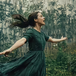 a woman in green is in the rain