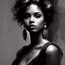the woman is posing in black and white,a black and white photo of a woman wearing jewelry