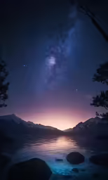 a starr filled sky over the water with trees in front of it