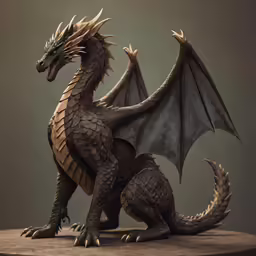 an intricate statue of a dragon standing on a wooden surface