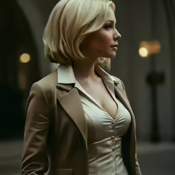 a woman wearing a brown jacket and white shirt