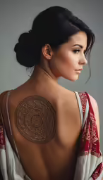 woman with elaborate back tattoo against gray background