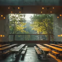 an empty hall with benches and windows