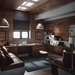 this is a wood office with lots of windows